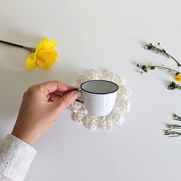 Antique K.E.R. Sweden White Enamelware Cup Blue White Trim Coffee Small Teacup - Picture 4 of 16